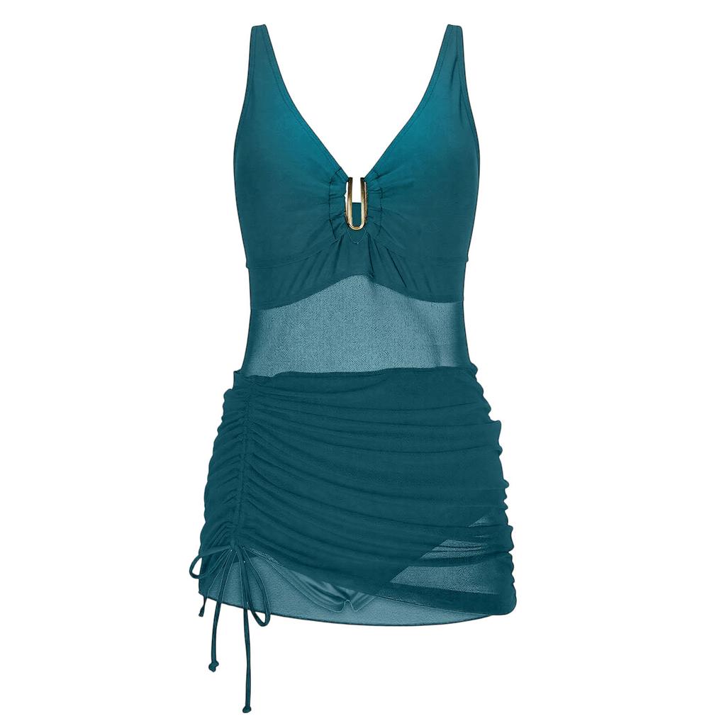Летний однотонный купальник Пляжный с сетчатой вставкой Купальный костюм Отпуск Сборки Завязки Купальный костюм Сексуальный V-образный вырез Живот Быстросохнущий