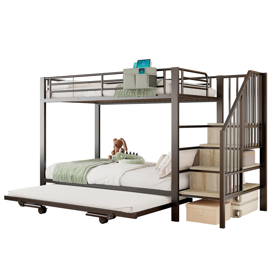 Bunk Bed, 90 x 200 cm, 180 x 200 cm, Iron Frame, Pull-Out Bed Design, Fabric Bag, Staircase Constructions with Storage Space, without Mattress, black