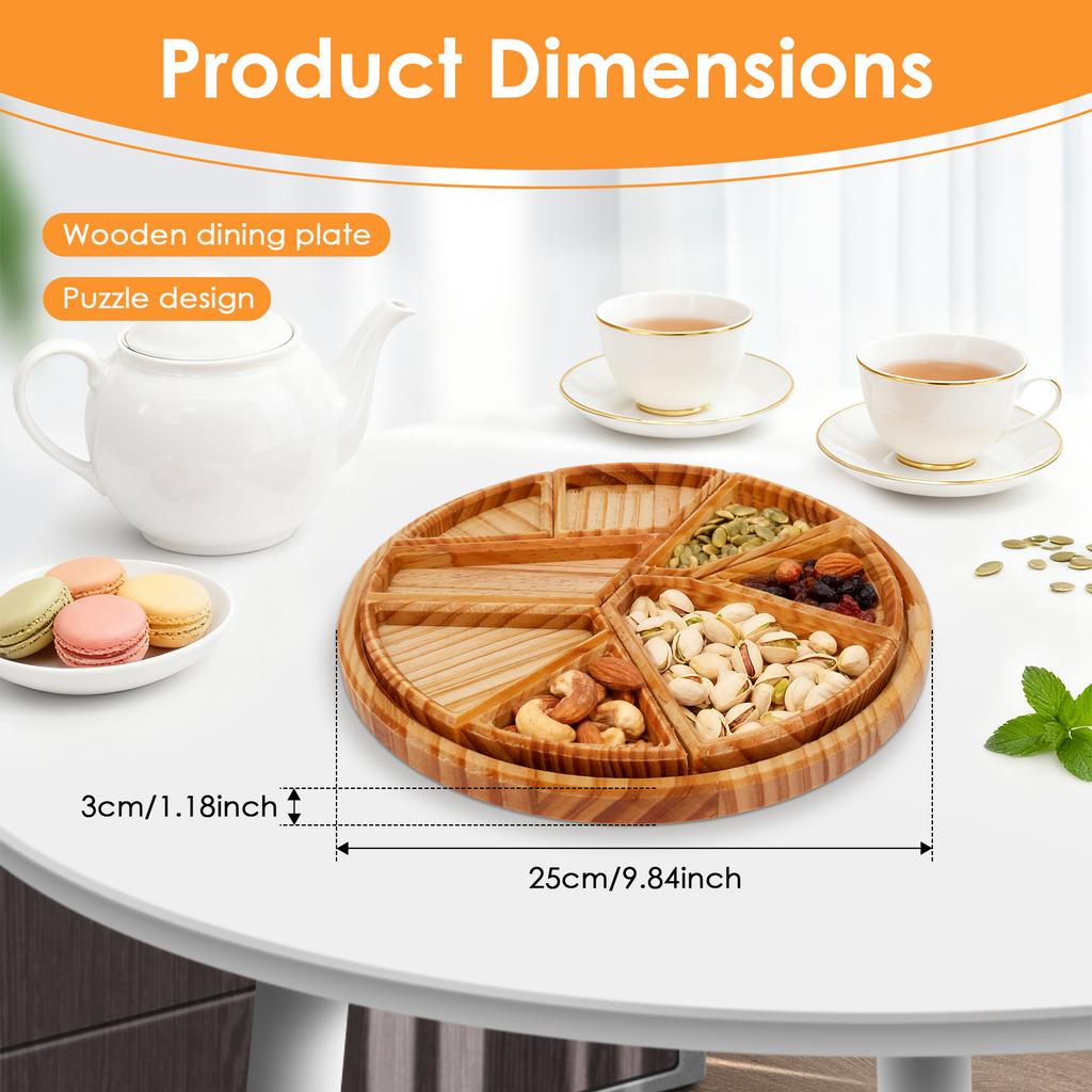 Puzzle Serving Tray with 8 Removable Compartment Wooden Divided Tray Food Platter for Fruit Dessert Nut Snacks