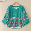 Women Casual V-Neck 3/4 Sleeve Loose Print Blouse