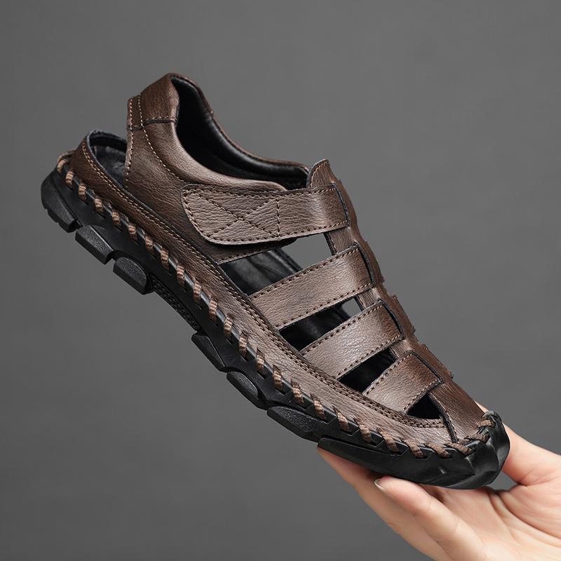 Модные сандалии из натуральной кожи для мужчин, лоферы с круглым носком, легкие, удобные, пляжные туфли на плоской подошве, новые модные универсальные летние мужские сандалии