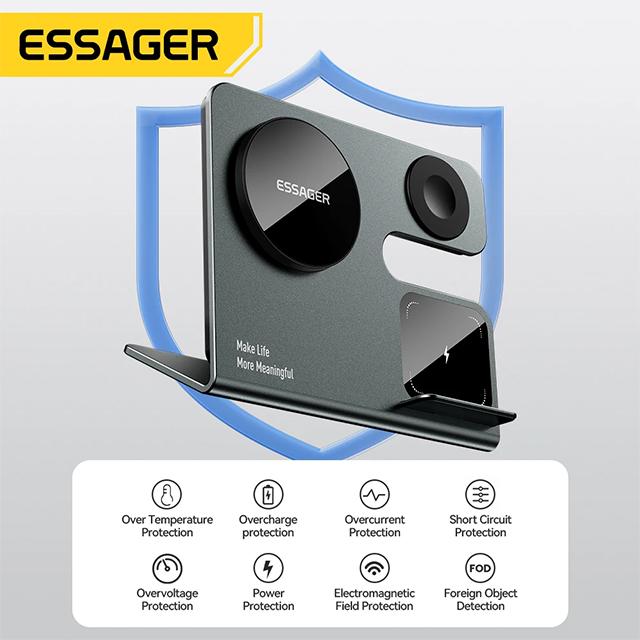Essager 3 в 1 магнитное беспроводное настольное зарядное устройство PD15W быстрая зарядная станция для iPhone 15 14 13 12 Pro Max Apple Watch Airprods
