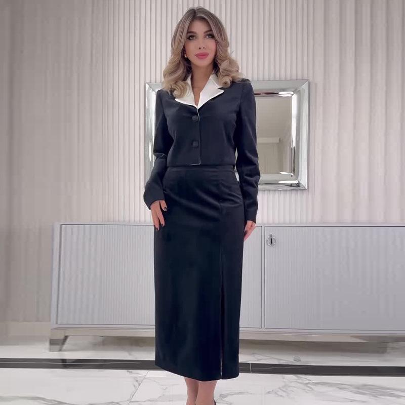 Женский костюм с цветными блоками, отложным воротником, приталенного кроя и юбка-карандаш, осень 2024