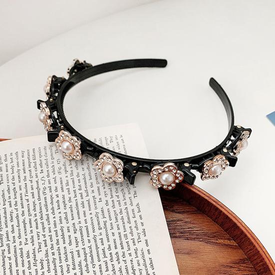 Shining Rhinestone Faux Pearls Flower Decor Women Headband Non-slip Elastic Double Layer Bangs Clips Hair Hoop Hair Accessories