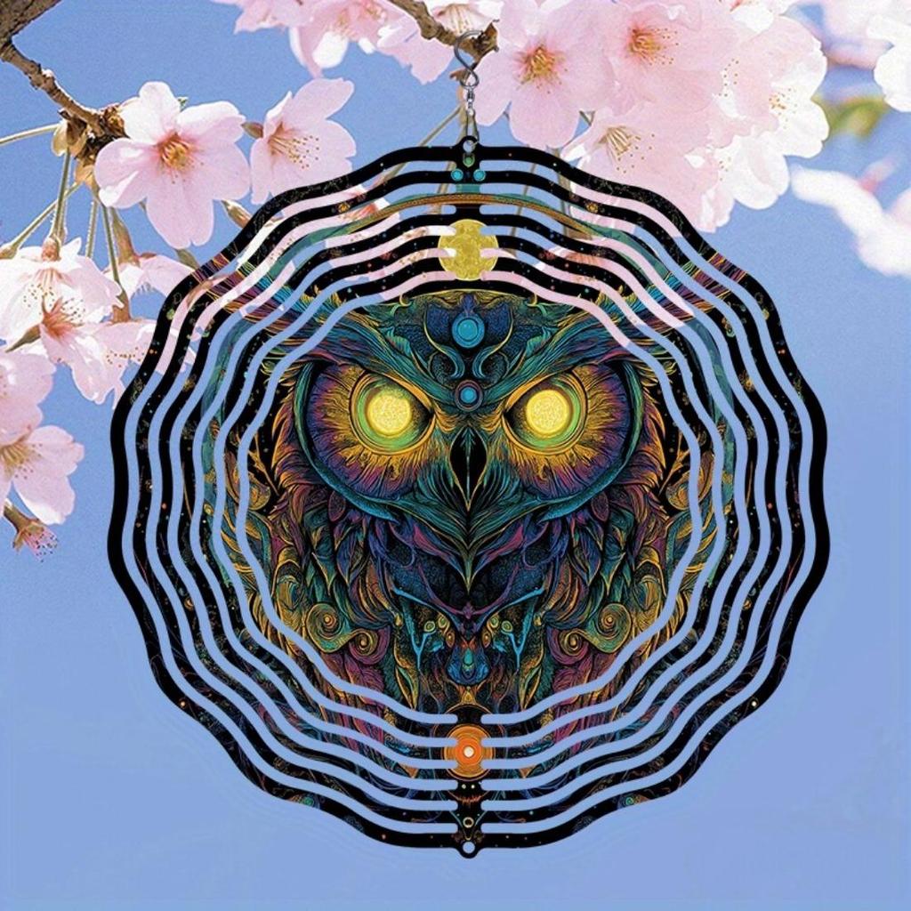 1 шт. Металлический колокольчик ветра в стиле мандалы 3D «Темная ночная сова» - Вращающийся на 360° садовый декор с яркими цветами, не требует электричества