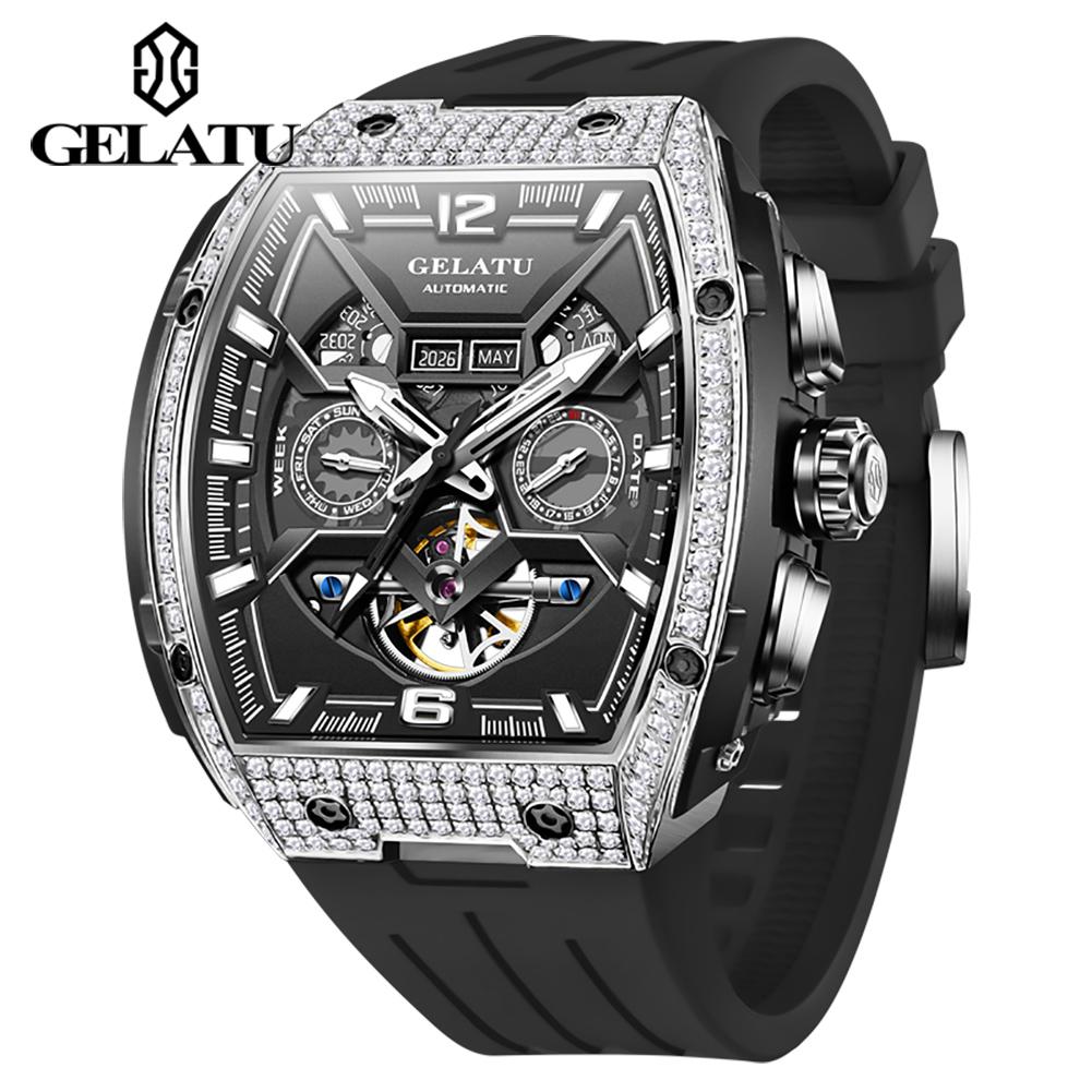 GELATU Men's Watch Hollow Out Skeleton Automatic Watch for Men Silicone Strap Dual Calendar Luxury Original Mechanical Man Watch