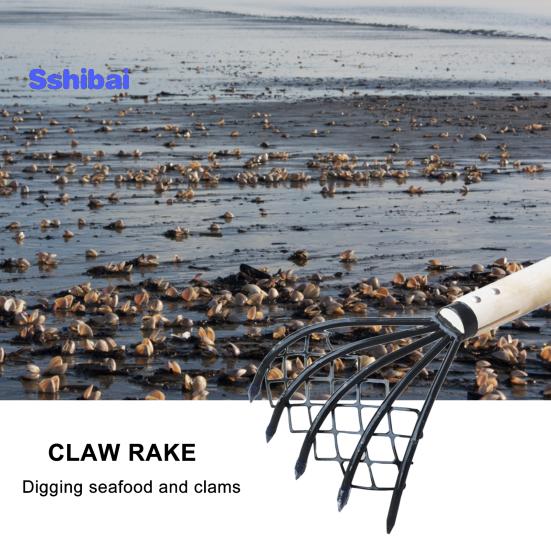 2 шт./компл., стальные грабли-моллюски с деревянной ручкой, сетчатый карман, ракушка для морепродуктов, инструмент для экскаватора, грабли-моллюски, пляжные аксессуары для зажима
