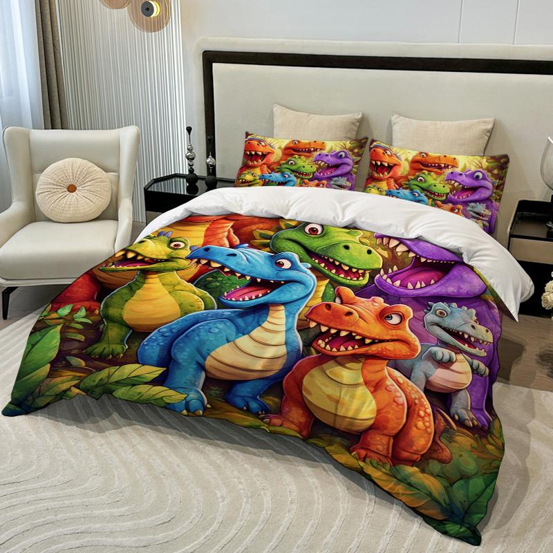 3Pc Cartoon Colorful Dinosaur Duvet Covers Comfortable Bedding Fabric Soft And Breathable Includ (Duvet Cover* 1+Pillowcases*2)