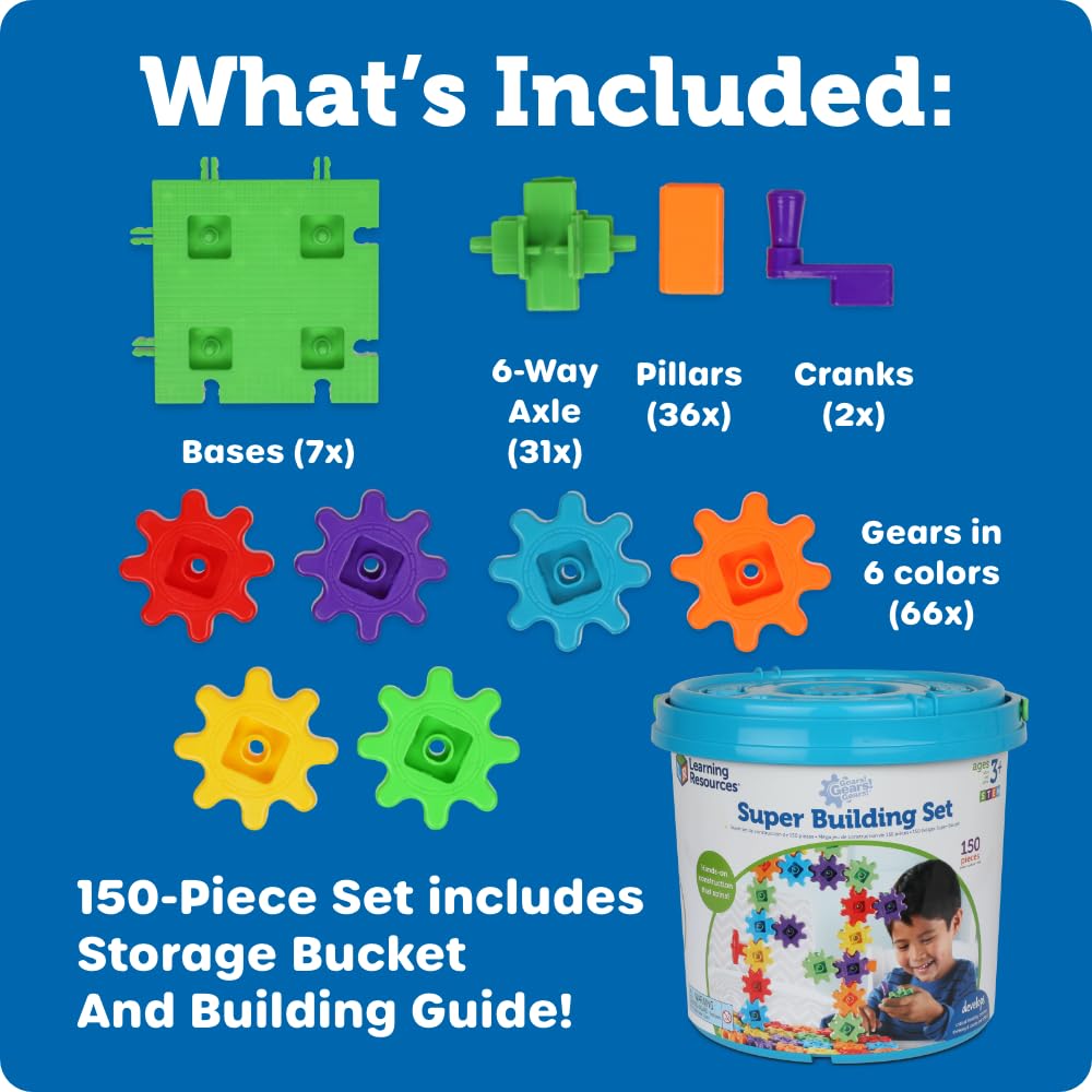 Learning Resources Toy Rotating Blocks, Colorful Gear Blocks, Super Set Gears, 150 Pieces, LER9164, Authentic