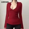 Women's Personality  Solid Color Woven Spice Girl Sexy Low Cut Waist Slimming Long Sleeve Blouse