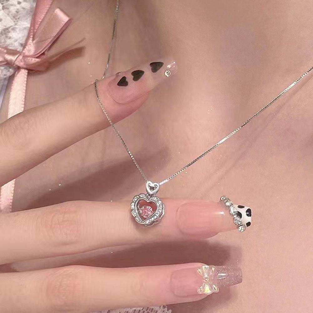 925 Sterling Silver Pink Crystal Pendant Heart Necklace for Women Girls Chain Cute Love Simple Necklaces Fashion Jewelry Gifts