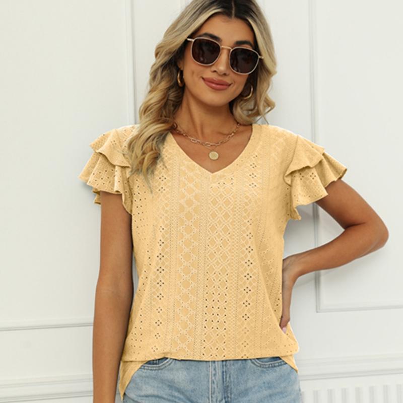 Women's Spring and Summer Solid Color Double-sleeve V-neck Loose Short-sleeved T-shirt