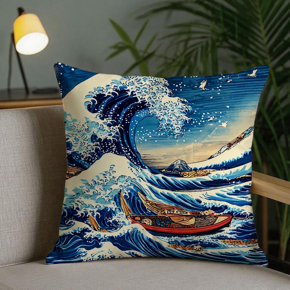Art The Great Wave Off Kanagawa Pillow Case Square DoubleSided Printing Sofa Cushion Cover Pillowcase Bedroom Bedside