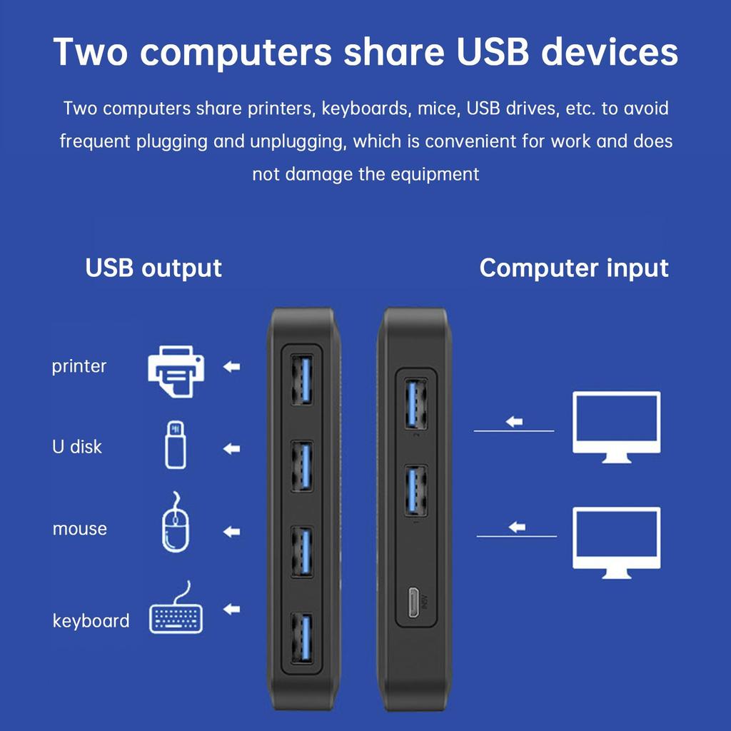 USB3.0 Hub Switcher 2-Input 4-Output Printer Sharing Device Dual Computers Share