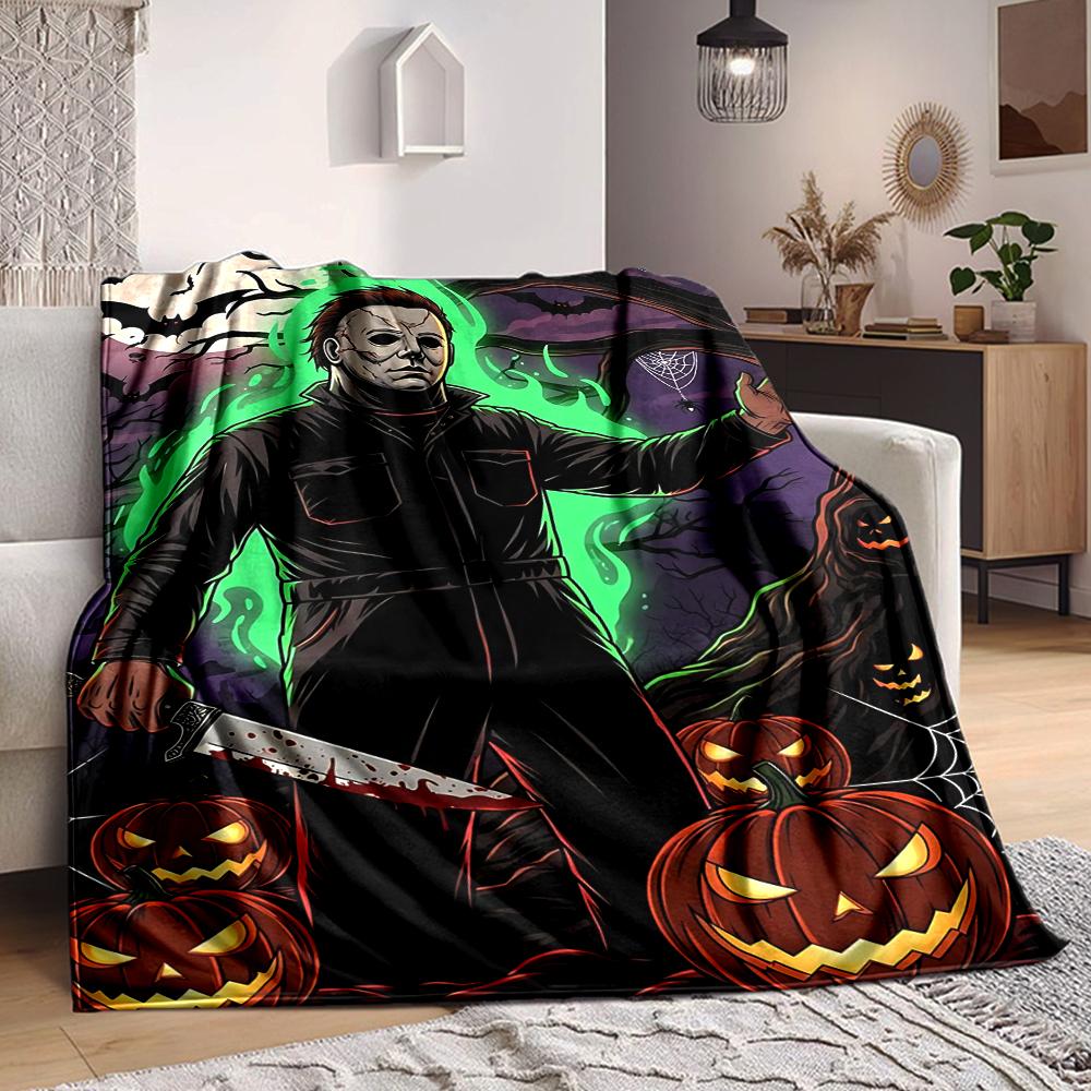 1Pc Halloween Horror Icon Flannel Blanket, Soft And Comfortable, Casual Warm, Camping Travel, Christmas, Halloween Xmas Gift N1333