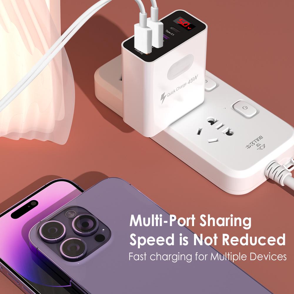 Цифровой дисплей 2PD+2USB Зарядное устройство 5V3.1A, Стандарт EU/US/UK, TYPE-C+USB