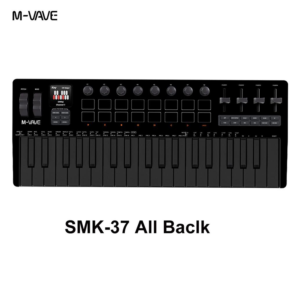 M-VAVE SMK-37 37-клавишный PRO MIDI-клавиатура-контроллер с 16 RGB-пэдами и 8 ручками, поддерживает беспроводное подключение к нескольким системам