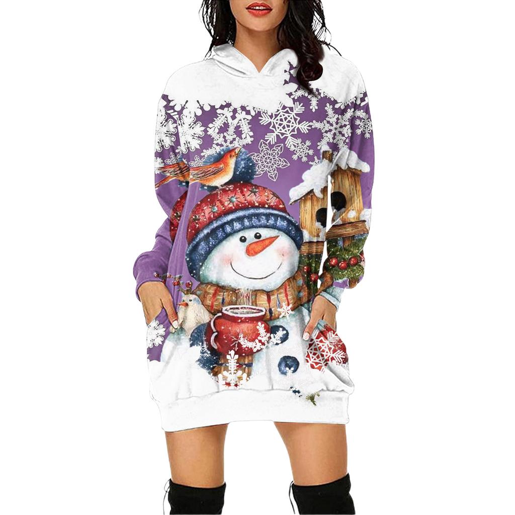 Women's Christmas Print Long-Sleeved Hooded Pocket Pullover Dress
