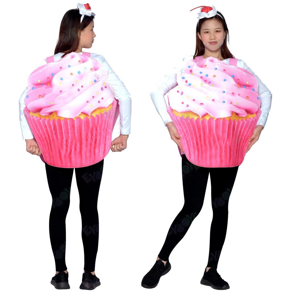 Colorful ice cream cake cups, role-playing costumes, adults