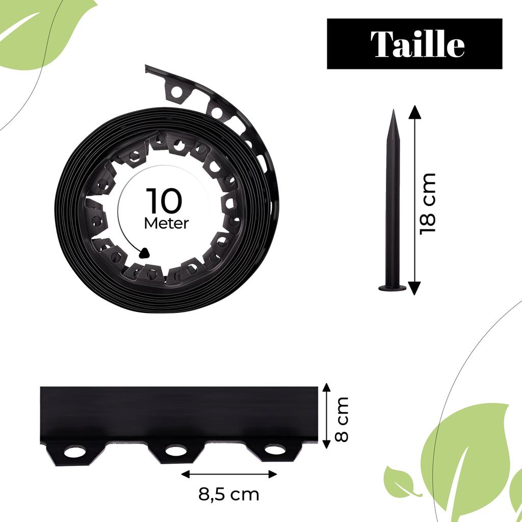 Gardenix Flexible Plastic Lawn Edging, Weather-Resistant, Flowerbed Edging, Black, 10 , 20 Pegs, Height 8