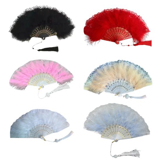 Винтажный складной веер с перьями и кружевом с кисточками, портативный летний ручной веер, украшение для танцевального представления, аксессуары для вечеринок