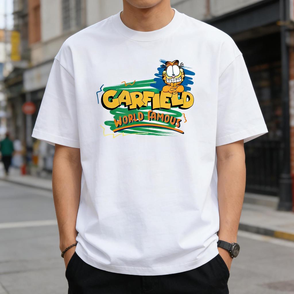 Garfield """МИРОВОЙ ИЗВЕСТНЫЙ""" Футболка с принтом букв "WORLD FAMOUS", Короткий рукав, Американский бренд уличной одежды, Тяжелый хлопок, Свободный крой, Оверсайз, Парный топ