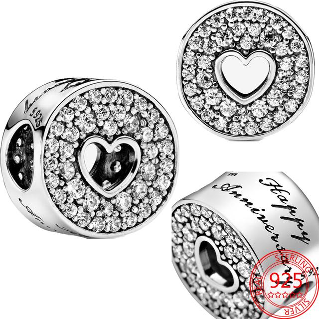 Аутентичное серебро 925 пробы, розовое золото, круглый вырез с паве и сердцем, подвеска на годовщину, подходит для модного браслета, ювелирные изделия, подарок на выпускной