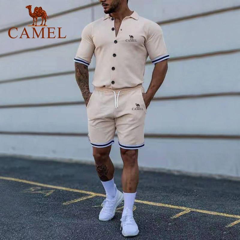 Camel Летний мужской модный однотонный кардиган-поло с вышивкой, повседневный комплект с шортами с короткими рукавами, комплект больших размеров