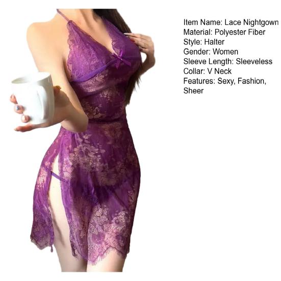 Женское сексуальное мини-платье-бэбидолл из кружева с цветочным кружевом, разрезом сбоку, комбинация, ночная сорочка из сетки, прозрачная, на бретелях-халтер, сорочка, одежда для сна