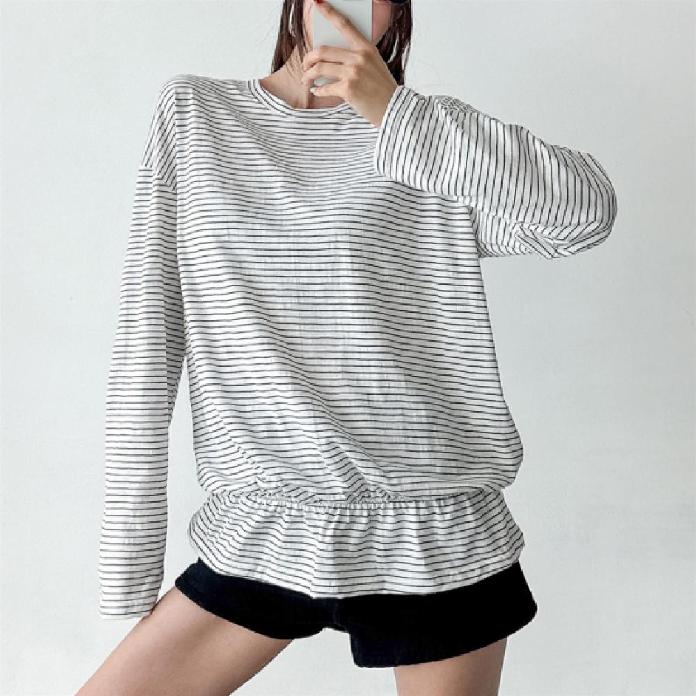 New Arrivals Open Run Women Frill DeTail Long Sleeve T shirT Round Neck sTripe