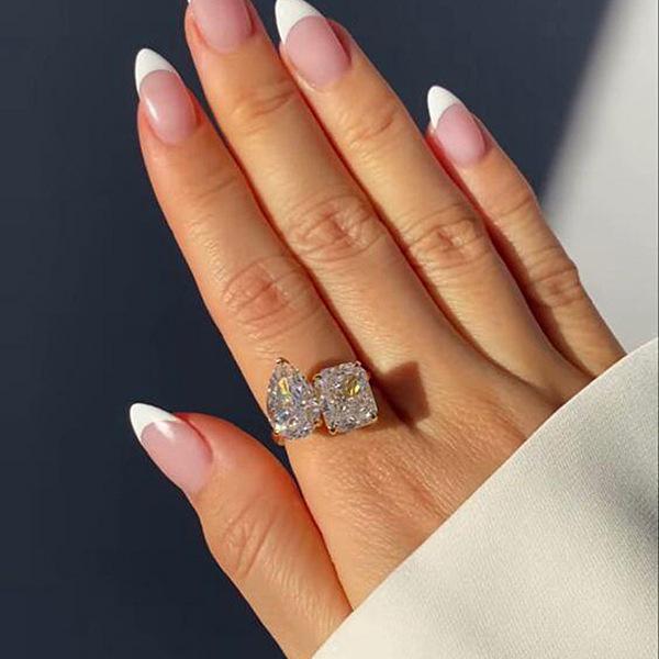 Geometric Square Water Drop Asymmetric Opening Ring Female  Stamp Super Flash White Zircon Ring Party Wedding Birthday Gift