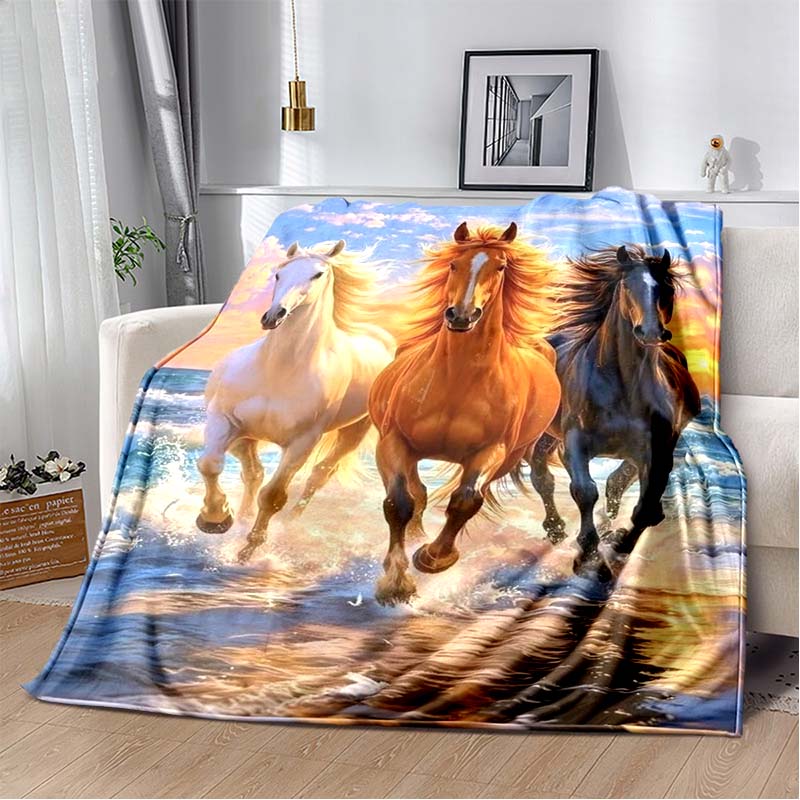 Black Horse with Golden Pattern Art Flannel Throw Blanket, Fantasy Horse Portrait Soft Blanket for Sofa Bed Home Decor