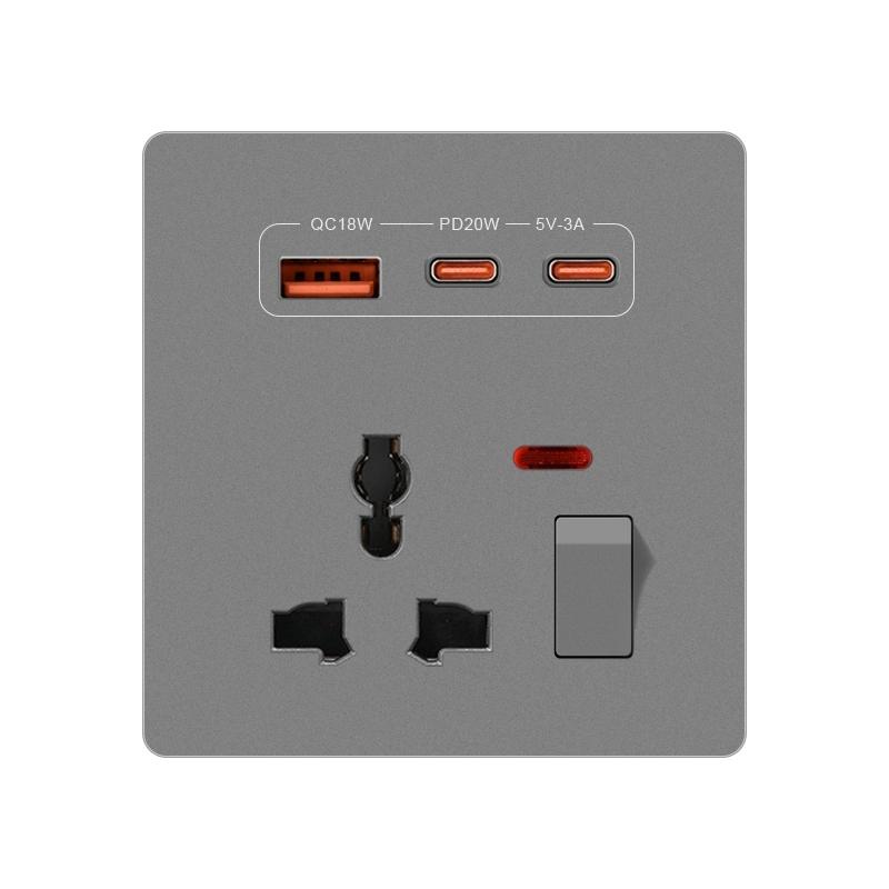 Universal 3/5Pin Smart Socket With 20W Fast Charging Type-C Port,UK Plastic Electrical Wall Double USB Power Outlet AC 110V-250V