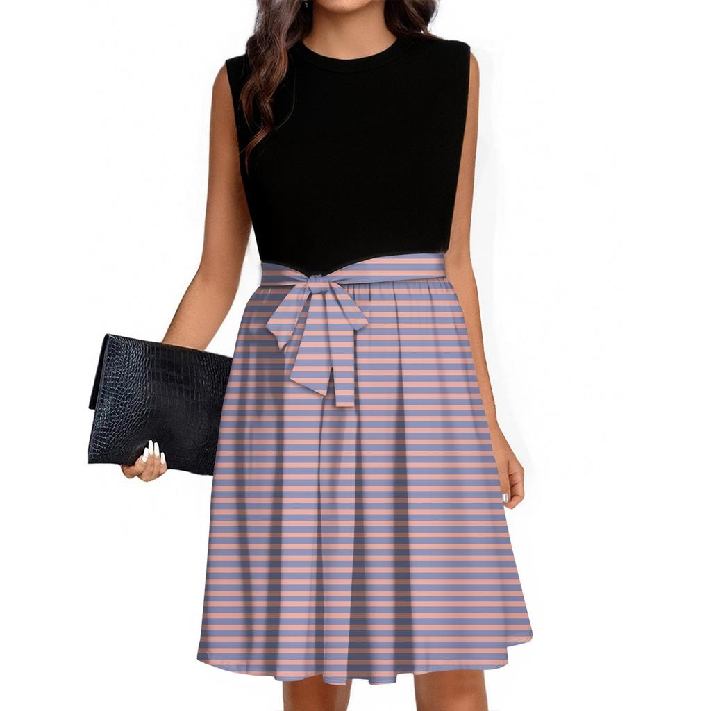 Women's Fashion Striped Printed Casual Lace-up Sleeveless Round Neck Splicing Short Dress