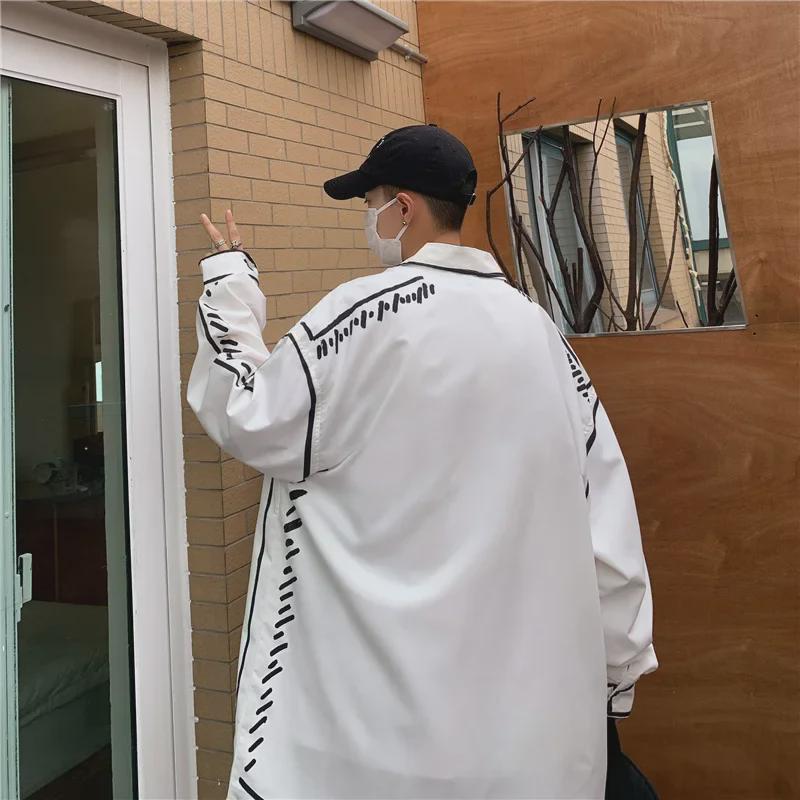 Весенняя мужская рубашка свободного кроя с длинным рукавом в гонконгском стиле Graffiti Line