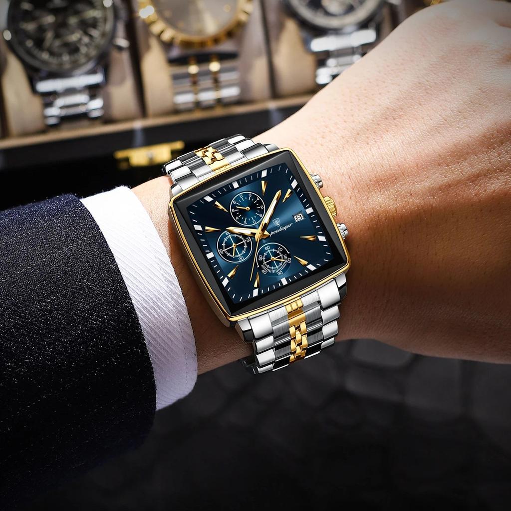 POEDAGAR Luxury Business Man Wristwatch Chronograph Waterproof Luminous Calendar Watch For Men Square Quartz Men's Watches