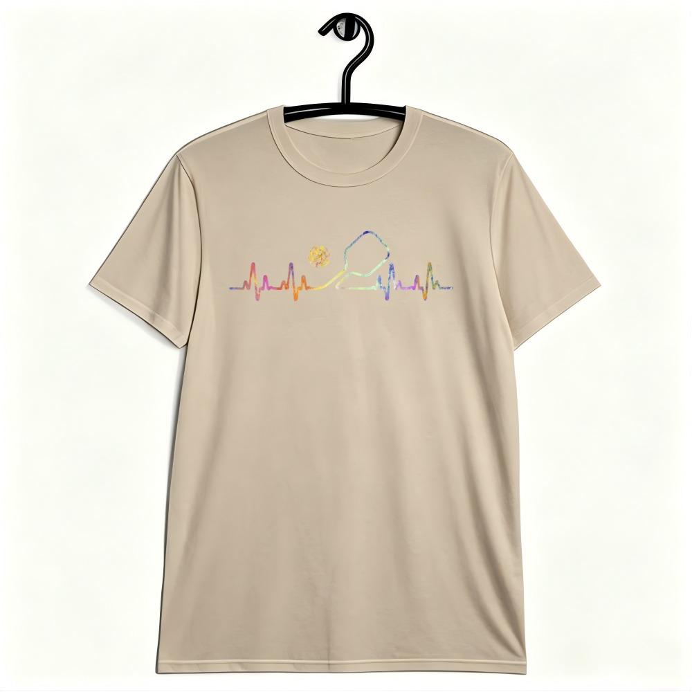 Rainbow Heartbeat Pickleball Paddle Graphic Unisex Cotton T Shirt Cool Pickleball Player Tee Summer Outdoor Sport Casual Tops Gift