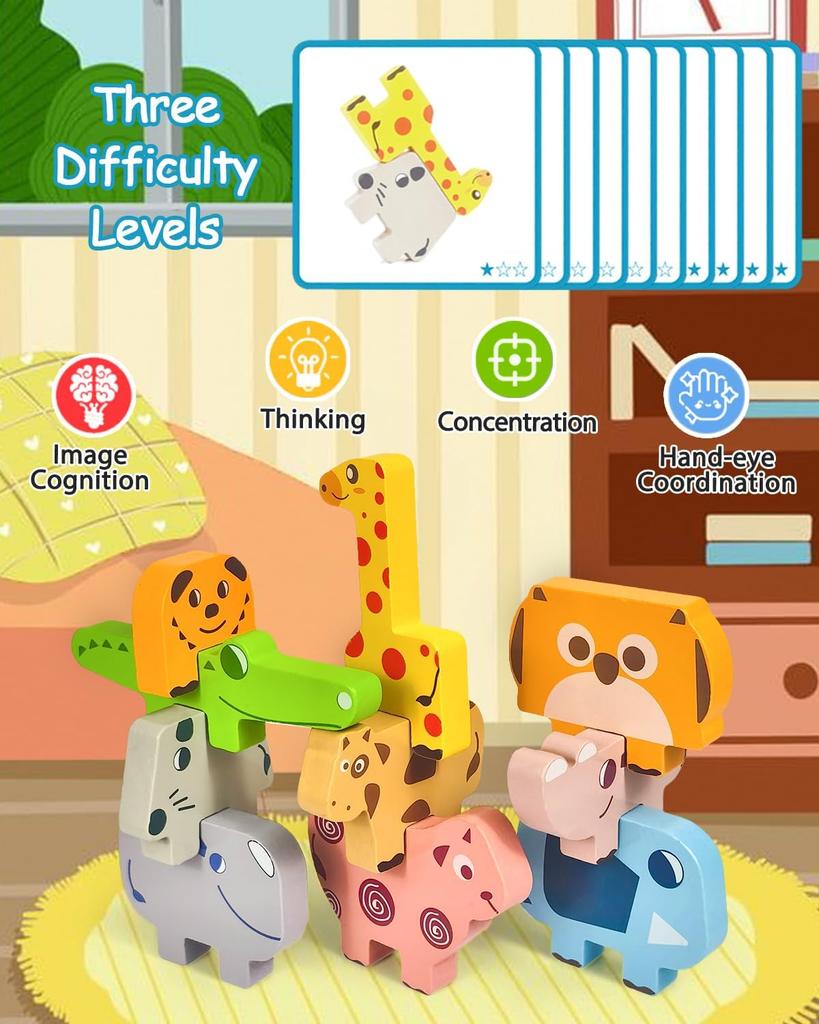 Montessori Toys for 1 2 3 4 Year Old Boys Girls, Toddler Toys Age 2-4, 10 Pack Wooden Animal Blocks Sorting & Stacking Education