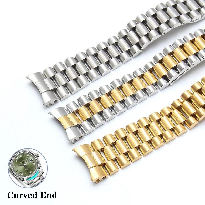 Solid Steel Strip Three Bead Watchbands 20mm Bracelet for Rolex Oyster Type Constant Motion Weekly Calendar Metal Watch Chain