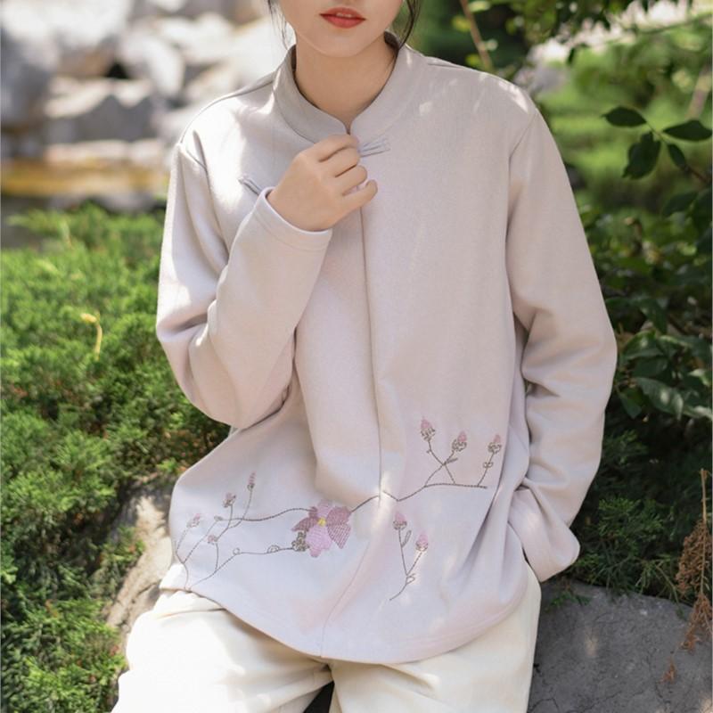 Johnature Женская вышитая цветочная стойка толстовки с длинным рукавом в китайском стиле ткани осенний однотонный пуловер толстовка