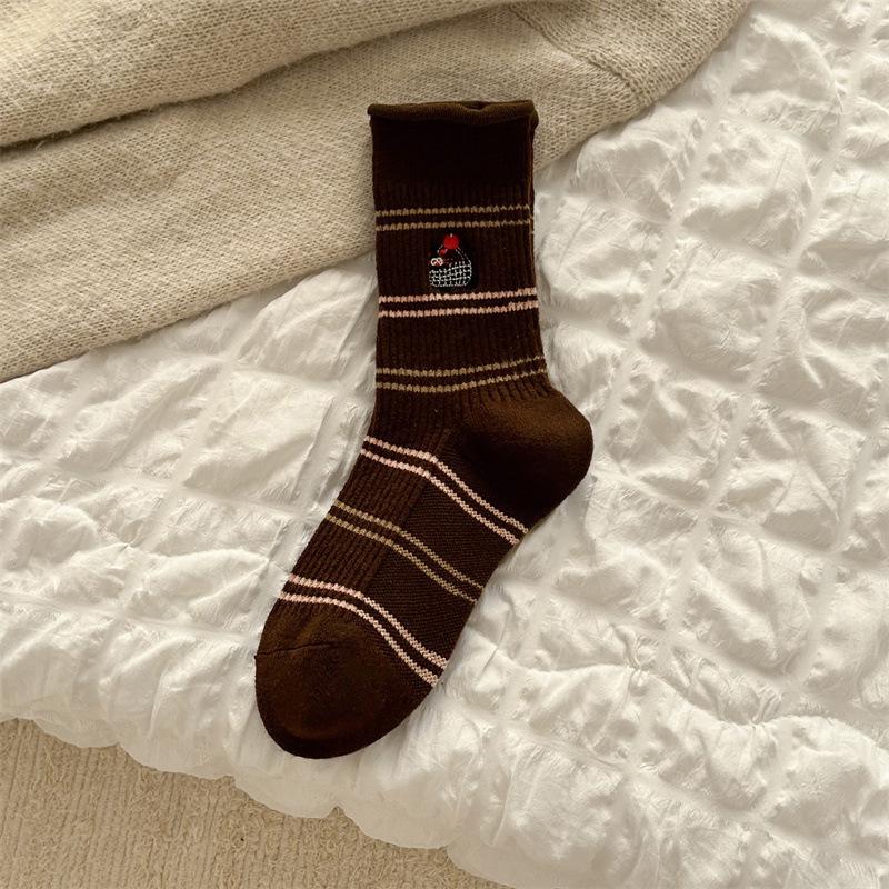 Женские осенне-зимние шерстяные носки до середины икры в мультяшную полоску без косточек, теплые длинные носки