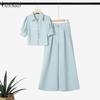 ZANZEA Women Short Sleeve Blouse and Wide Leg Pants Casual Two Piece Suit Sets