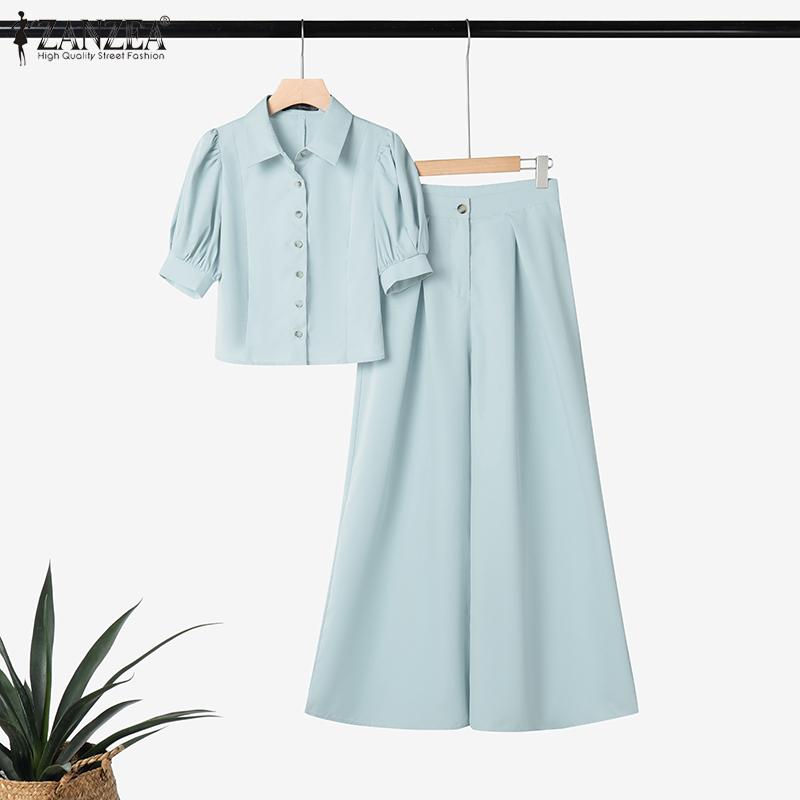 ZANZEA Women Short Sleeve Blouse and Wide Leg Pants Casual Two Piece Suit Sets