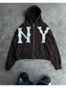 ZYLLO Y2k Harajuku Retro Trendy Brand Letter Embroidery Oversized Swetshirt Women High Street Fashion Loose Zipper Hoodie
