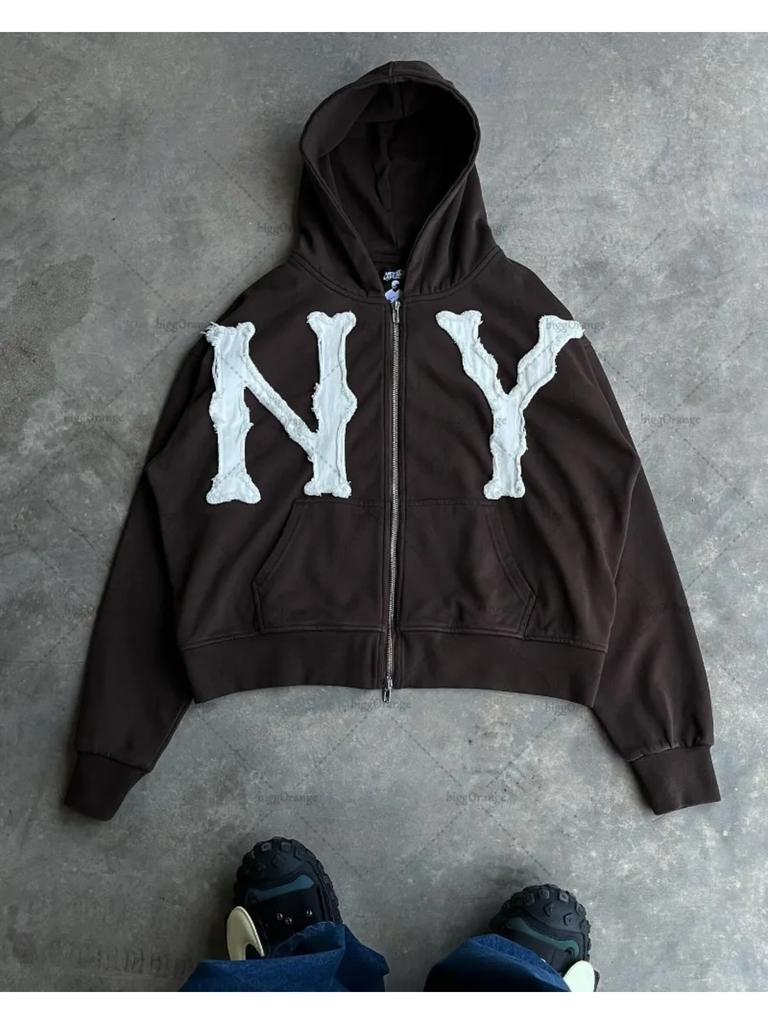 ZYLLO Y2k Harajuku Retro Trendy Brand Letter Embroidery Oversized Swetshirt Women High Street Fashion Loose Zipper Hoodie