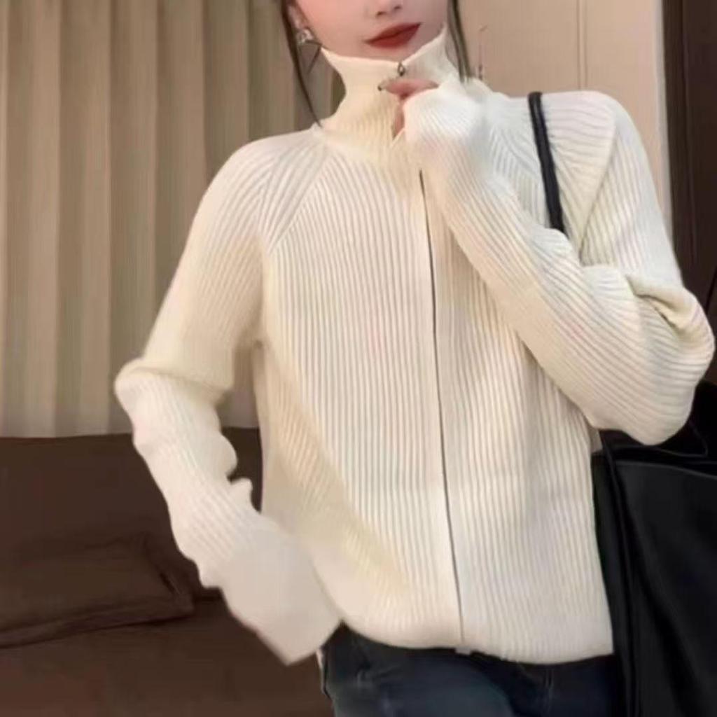 Women's Autumn Double Zipper Ribbed Cardigan: Versatile Loose Fit with Simple Lapel