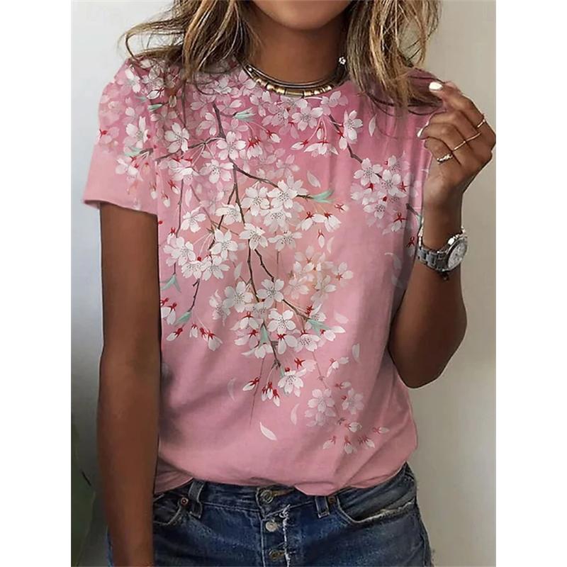 Женская футболка с цветочным принтом 3D, стильная повседневная, с коротким рукавом и круглым вырезом, обычные топы, повседневные, выходные, принт, фиолетовая, лето, весна