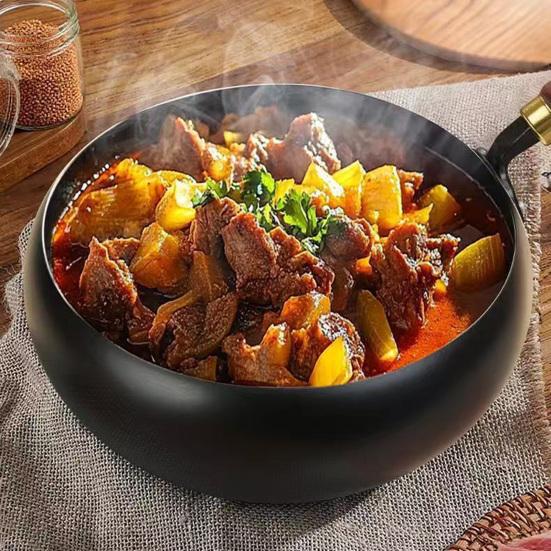 Non-Stick Iron Wok with Wood Handle Traditional Forged Iron Pot for Gas & Induction Stoves Rust-Resistant Uncoated Deep Pot for Frying Stir-Frying