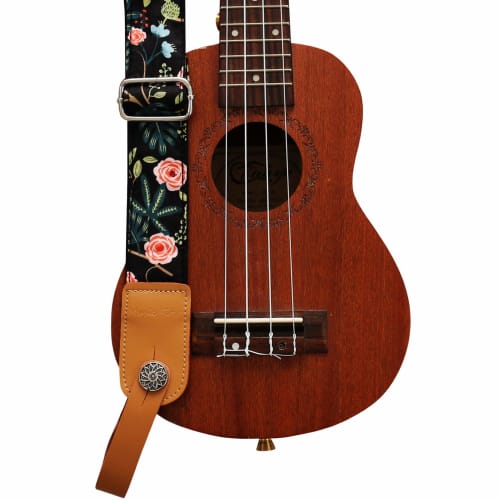 MUSIC FIRST Original Design "Dark Night Garden" Soft Cotton & Genuine Leather Ukulele Strap, Ukulele Shoulder Strap with One Branded Strap Locker