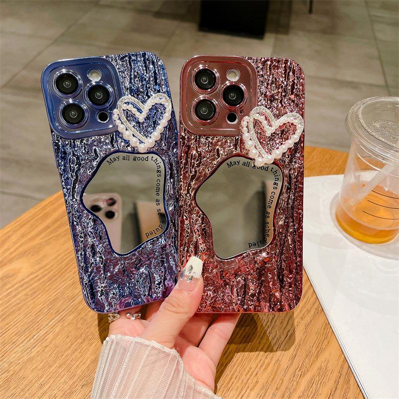 Роскошный чехол для макияжа с зеркальным принтом в виде камня и жемчужным сердечком для iPhone 15 Pro Max 14 13 12 Pro Max 11, универсальный защитный чехол от падения